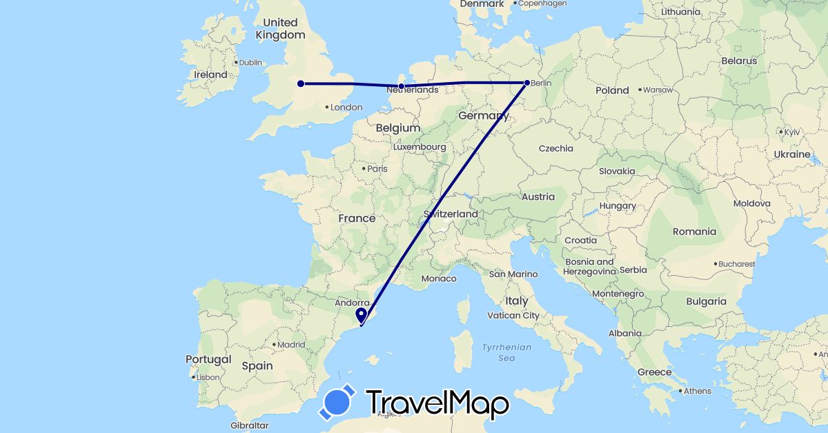 TravelMap itinerary: driving in Germany, Spain, United Kingdom, Netherlands (Europe)